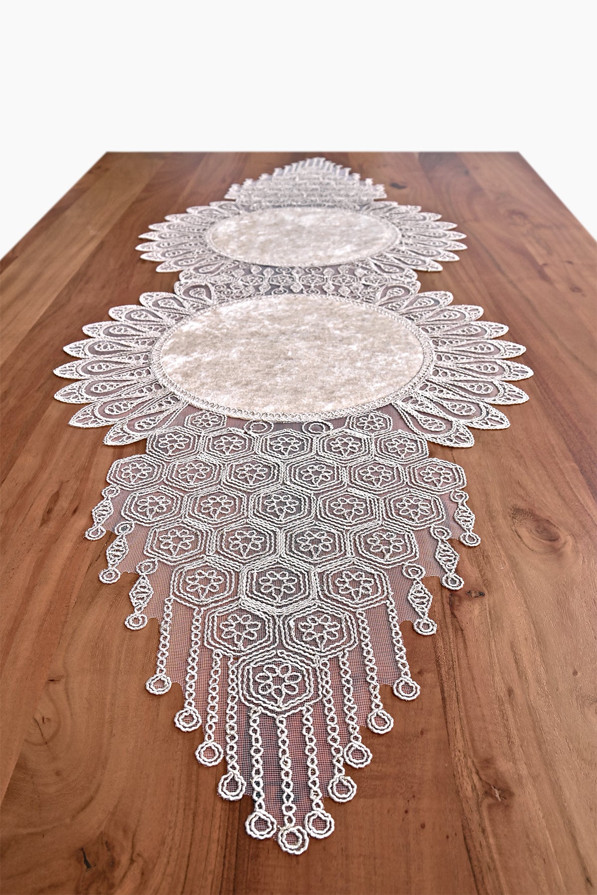 Damla bársony asztali futó, bézs színű, arany csipkével 45 x 130 cm