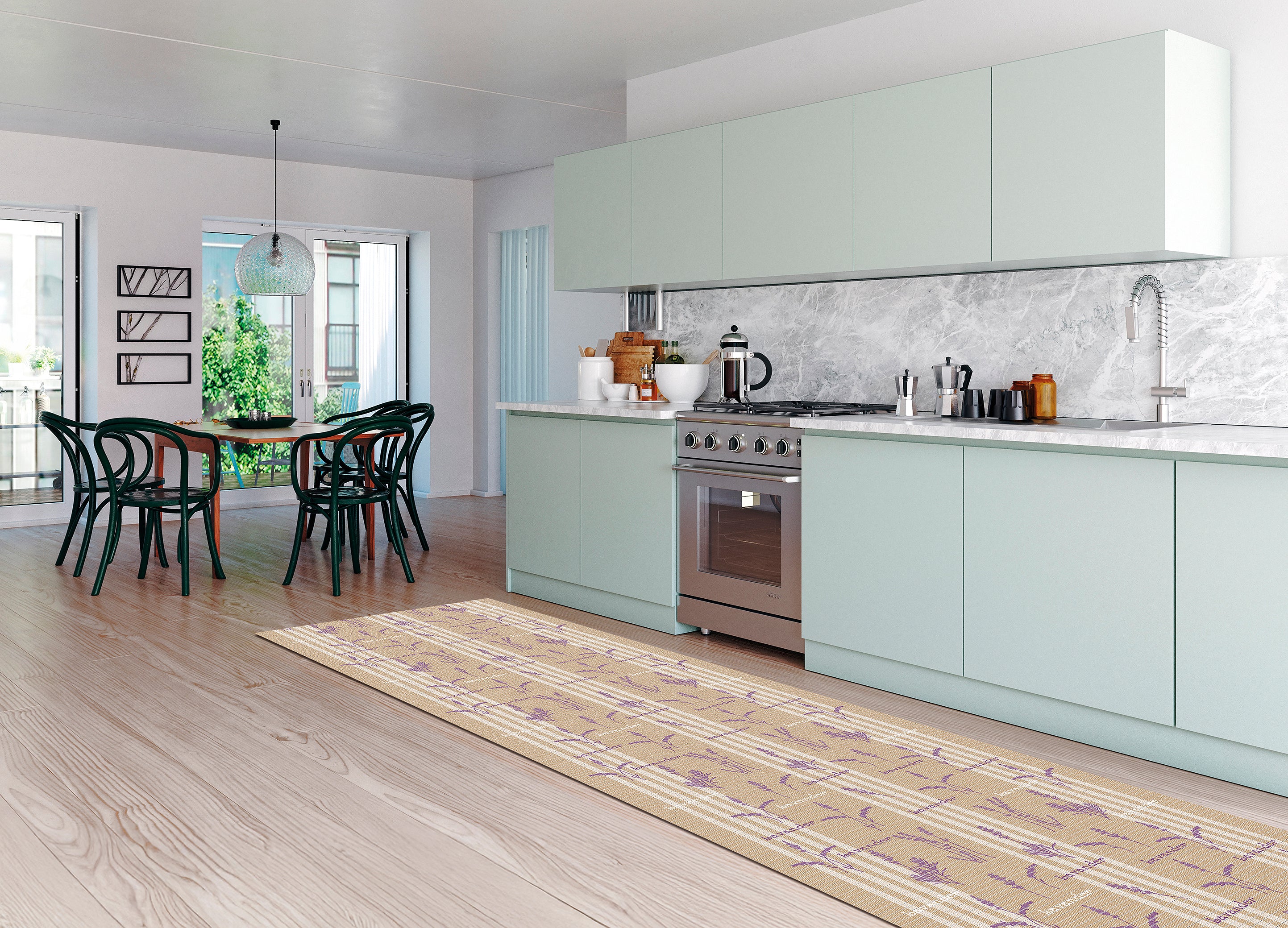 Fürdőszobai habosított pvc szőnyeg, csíkos-levendula mintás, 65 cm széles