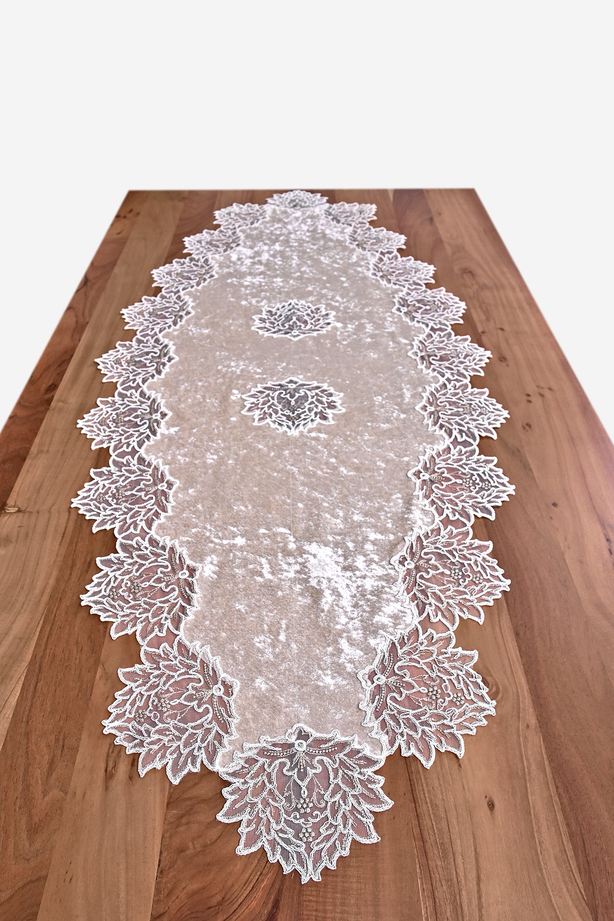 Pera bársony asztali futó kapucsínó színű, arany csipkével 55x150 cm